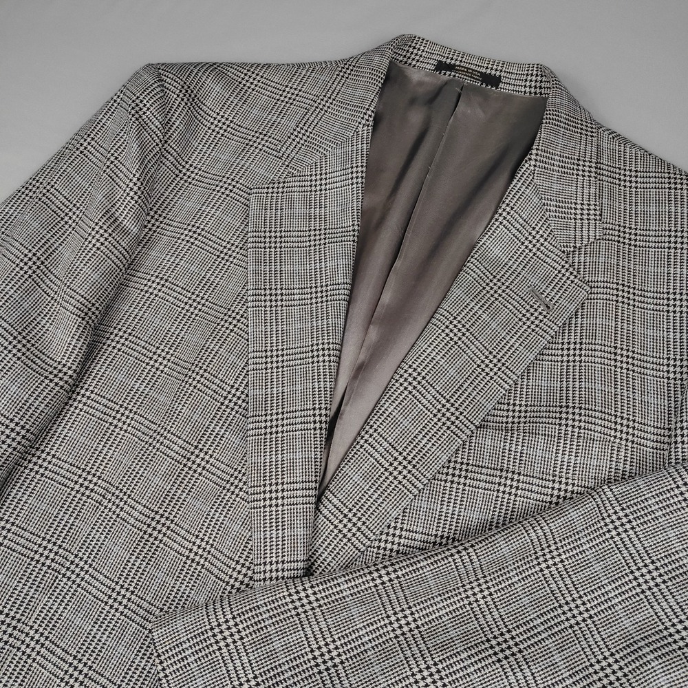 Hart Schaffner Marx Sport Coat Mens 46R Black White Blue Glen Plaid Two Button